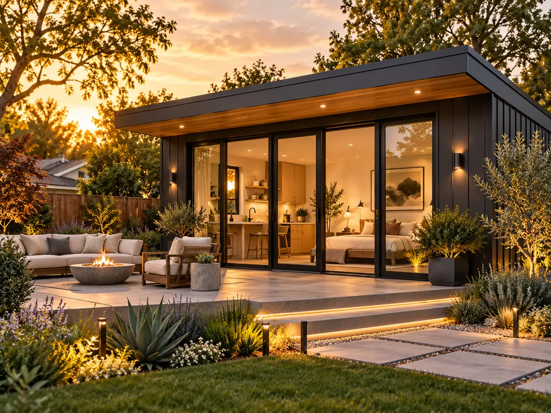 AI-generated concept of a modern detached backyard ADU guest house in an American suburban garden