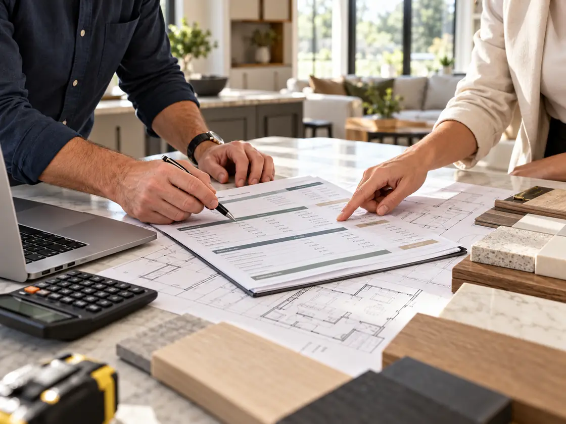 AI-generated concept of people comparing home construction bids, floor plans and building material samples