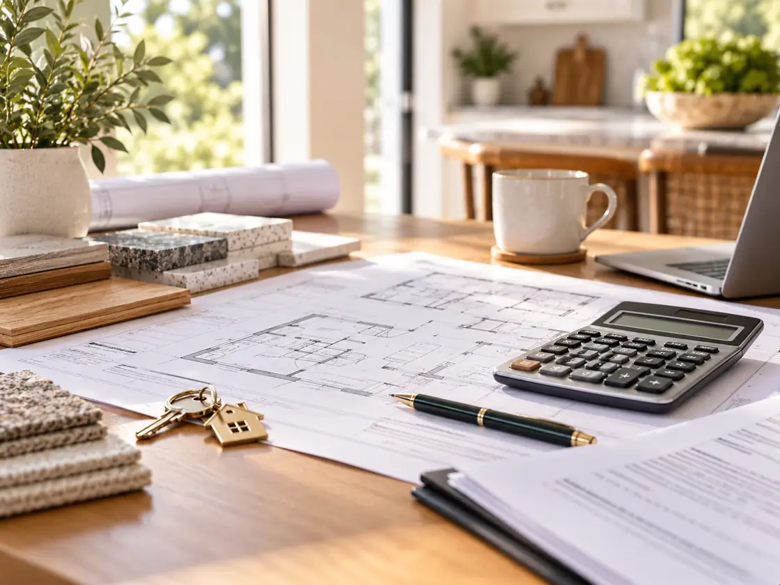 AI-generated concept of house financing paperwork, architectural plans, calculator and keys on a desk