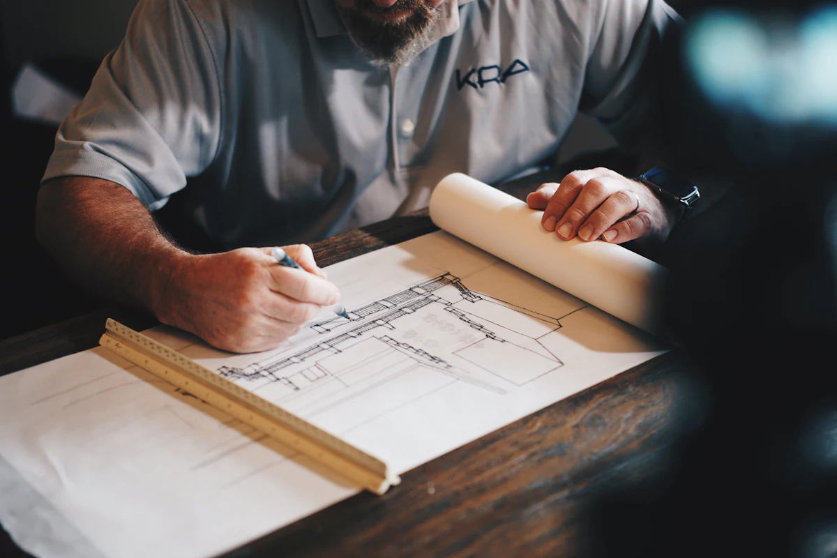Architect working at a desk with plans for a building project