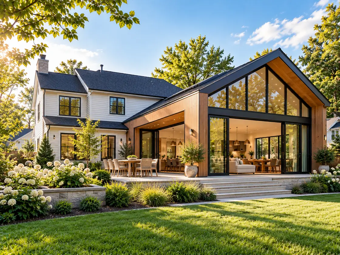 AI-generated concept of a modern American suburban home with a contemporary living-space extension