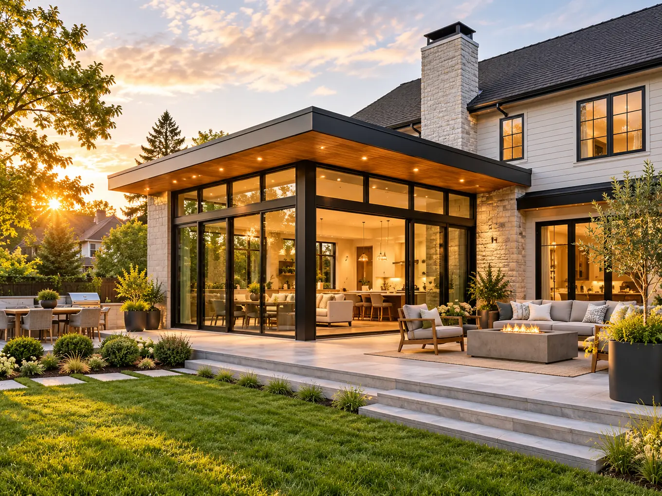 AI-generated concept of a contemporary American home with a new glass-walled living space addition