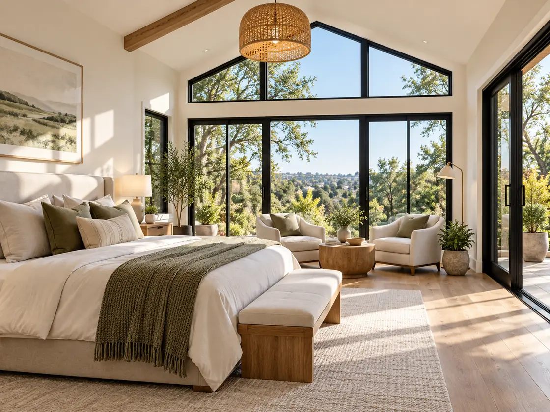 AI-generated concept of a bright contemporary American bedroom addition with panoramic windows