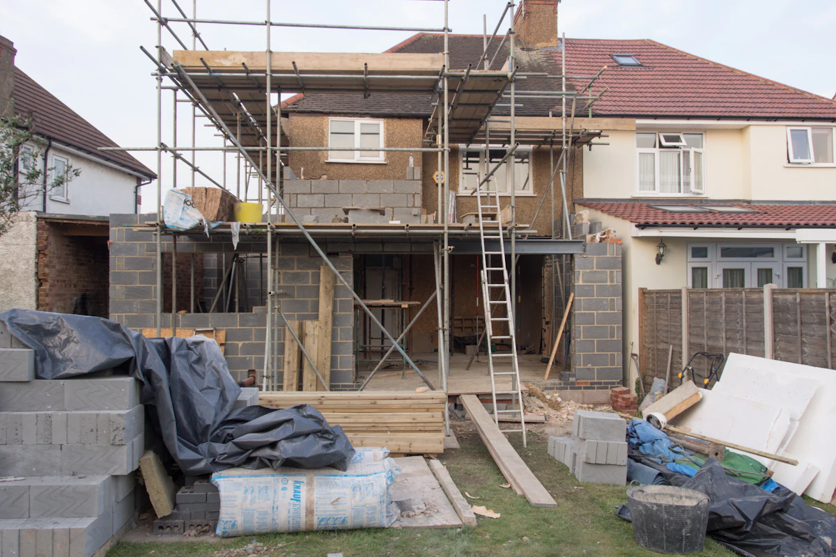 Real residential extension work at a house construction site